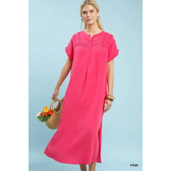 Umgee Button-Front Gauze Midi Dress with Lace Detail - Picture 1 of 6